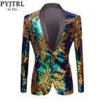 PYJTRL New Green Blue Gold Leaves Pattern Sequins Blazer DJ Night Club Singers Slim Fit Men Suit Jacket Stage Shiny Costume
