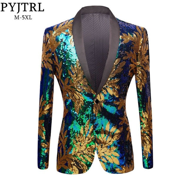 PYJTRL New Green Blue Gold Leaves Pattern Sequins Blazer DJ Night Club Singers Slim Fit Men Suit Jacket Stage Shiny Costume