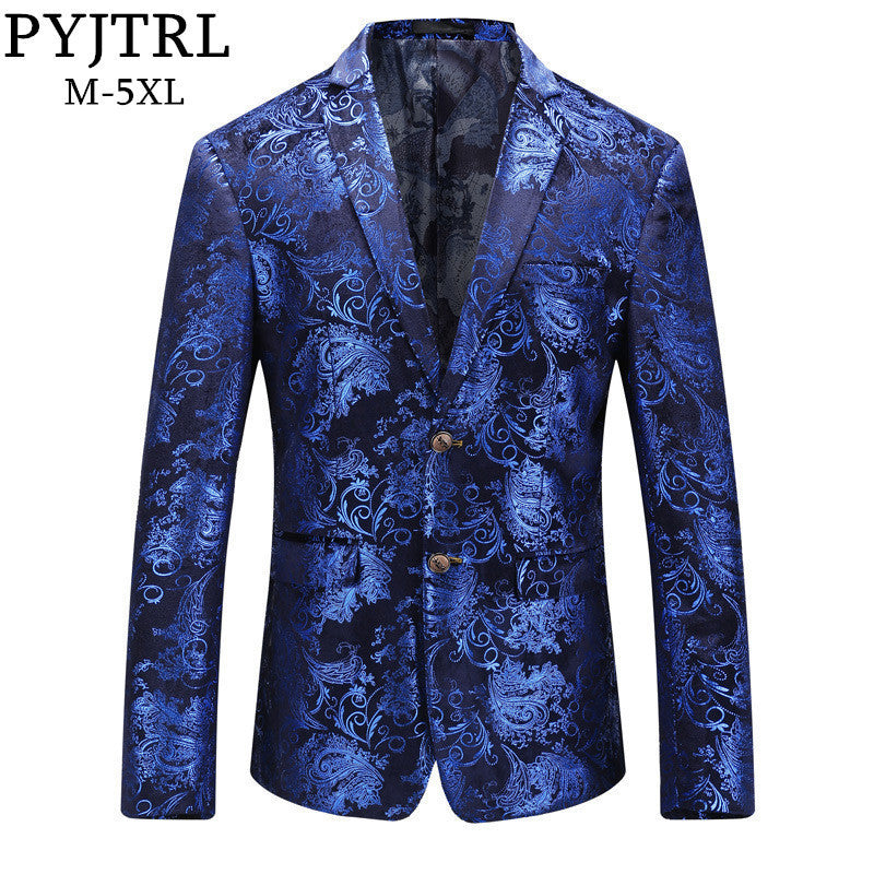 PYJTRL Brand Autumn Winter Luxury Gold Red Blue Stylish Floral Pattern Velvet Blazer Mens Casual Suit Jacket DJ Signers Outfit