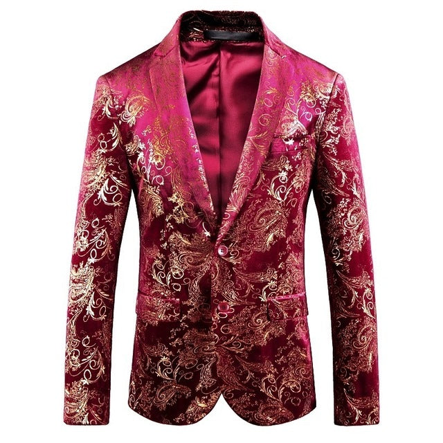 PYJTRL Brand Autumn Winter Luxury Gold Red Blue Stylish Floral Pattern Velvet Blazer Mens Casual Suit Jacket DJ Signers Outfit