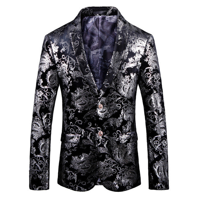 PYJTRL Brand Autumn Winter Luxury Gold Red Blue Stylish Floral Pattern Velvet Blazer Mens Casual Suit Jacket DJ Signers Outfit