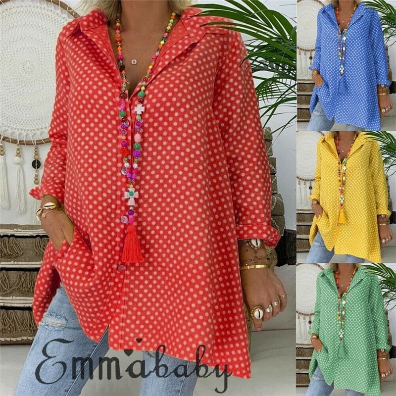 Summer Womens Blouses Shirts Polka Dot Long Sleeve Shirt Long Tops Ladies Loose Blouse Plus Size 2 XL Blousa