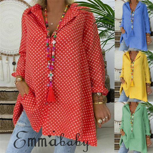 Summer Womens Blouses Shirts Polka Dot Long Sleeve Shirt Long Tops Ladies Loose Blouse Plus Size 2 XL Blousa