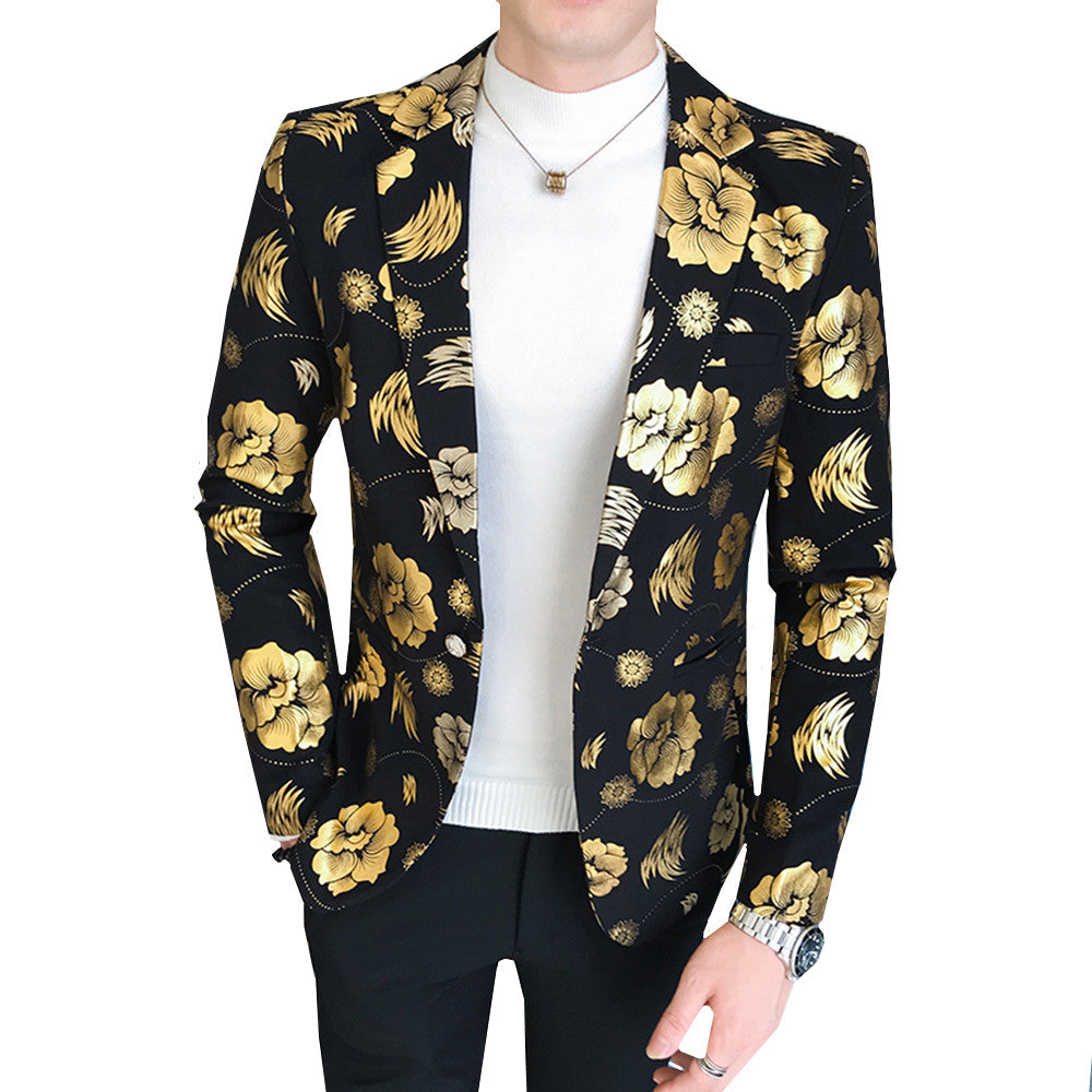 Tuxedos Mens Blazer Jacket Slim Fit Floral Suit Trend Print Flowers Fashion Male Party Stage Formal Suit Jacket Silver Gold New