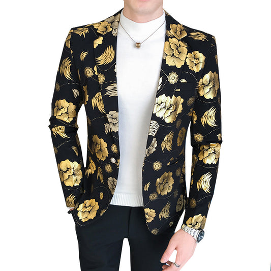 Tuxedos Mens Blazer Jacket Slim Fit Floral Suit Trend Print Flowers Fashion Male Party Stage Formal Suit Jacket Silver Gold New