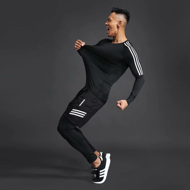 3pcs / set Men's Gym Workout Sports Suit Fitness Compression Clothes Running Jogging Sport Wear Exercise Workout Tights
