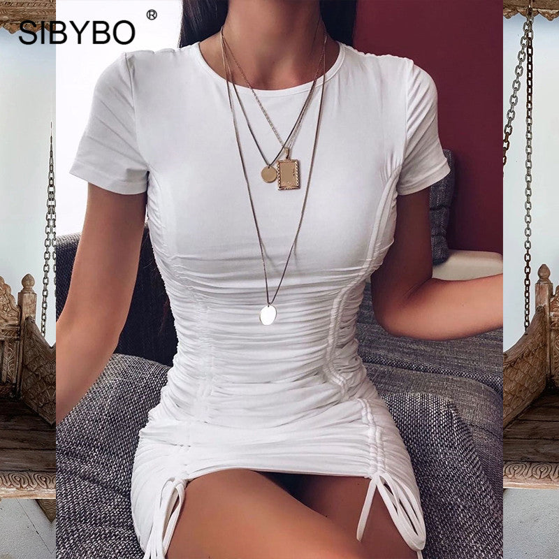 SIBYBO Pleated Sheath Sexy Mini Bodycon Dress Short Sleeve O-Neck Summer Women Dress Solid Bandage Ladies Casual Dresses
