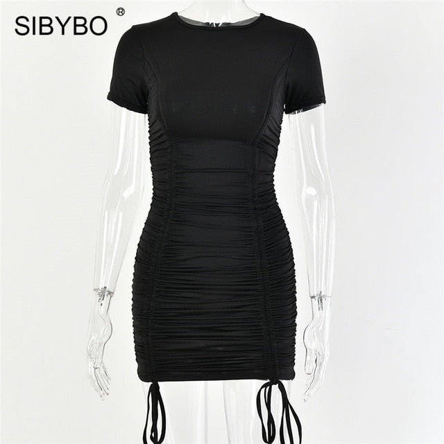 SIBYBO Pleated Sheath Sexy Mini Bodycon Dress Short Sleeve O-Neck Summer Women Dress Solid Bandage Ladies Casual Dresses