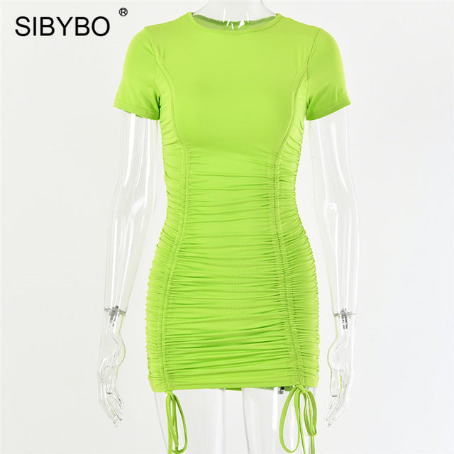 SIBYBO Pleated Sheath Sexy Mini Bodycon Dress Short Sleeve O-Neck Summer Women Dress Solid Bandage Ladies Casual Dresses