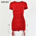 SIBYBO Pleated Sheath Sexy Mini Bodycon Dress Short Sleeve O-Neck Summer Women Dress Solid Bandage Ladies Casual Dresses