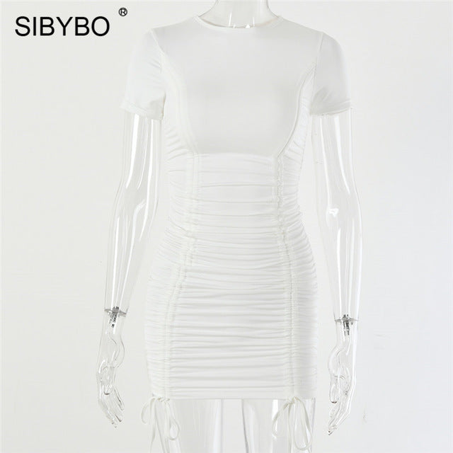 SIBYBO Pleated Sheath Sexy Mini Bodycon Dress Short Sleeve O-Neck Summer Women Dress Solid Bandage Ladies Casual Dresses