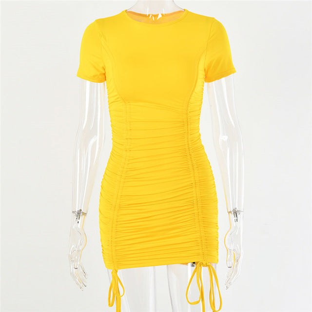 SIBYBO Pleated Sheath Sexy Mini Bodycon Dress Short Sleeve O-Neck Summer Women Dress Solid Bandage Ladies Casual Dresses