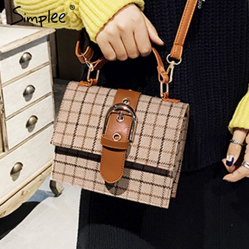 Simplee Luxury women shoulder bag Streetwear female strap plaid bags Office lady autumn winter belt work wear crossbody hand bag