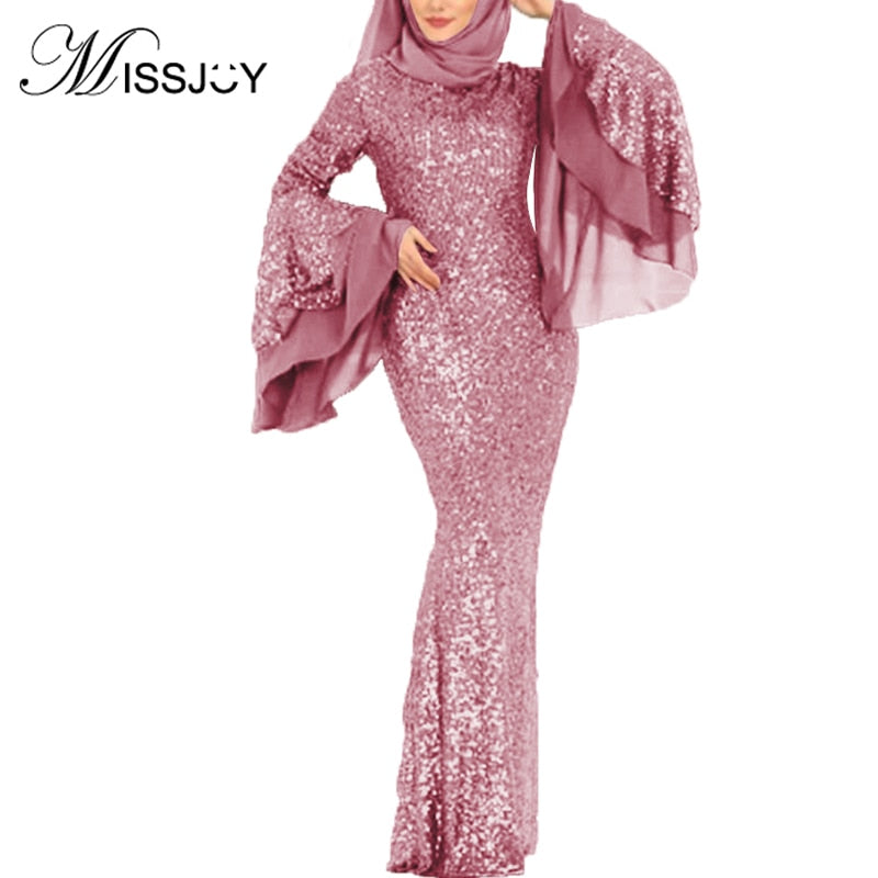 2020 Evening Party Women Dress Muslim Abayas Mermaid Elegant Islamic Clothing Turkish Femme Robe Sequin Ruffle Sleeves