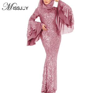2020 Evening Party Women Dress Muslim Abayas Mermaid Elegant Islamic Clothing Turkish Femme Robe Sequin Ruffle Sleeves