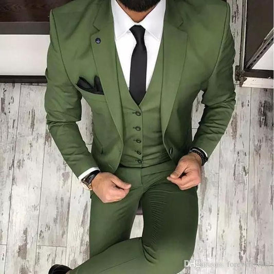 Olive Green Mens Suits For Groom Tuxedos Notched Lapel Slim Fit Blazer 3 Pieces (Jacket Pants Vest) Wedding Suit