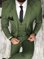 Olive Green Mens Suits For Groom Tuxedos Notched Lapel Slim Fit Blazer 3 Pieces (Jacket Pants Vest) Wedding Suit