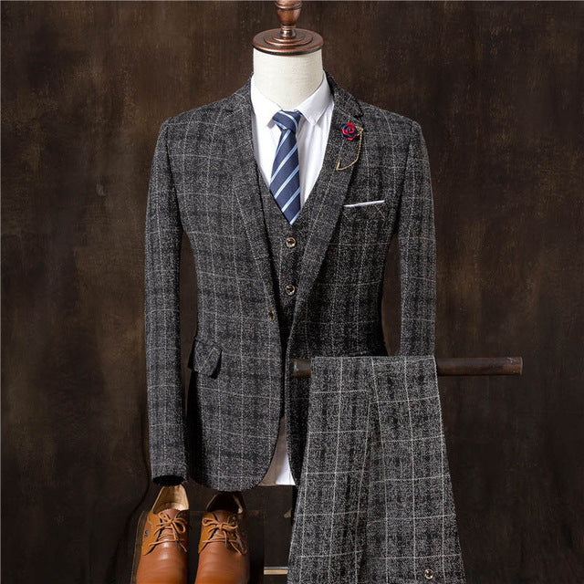 YUSHU Autumn Men Business Formal Suits Male Blazers 3 Pieces Mens Slim Wedding Prom Suits Boutique Plaid Design Groom Tuxedos