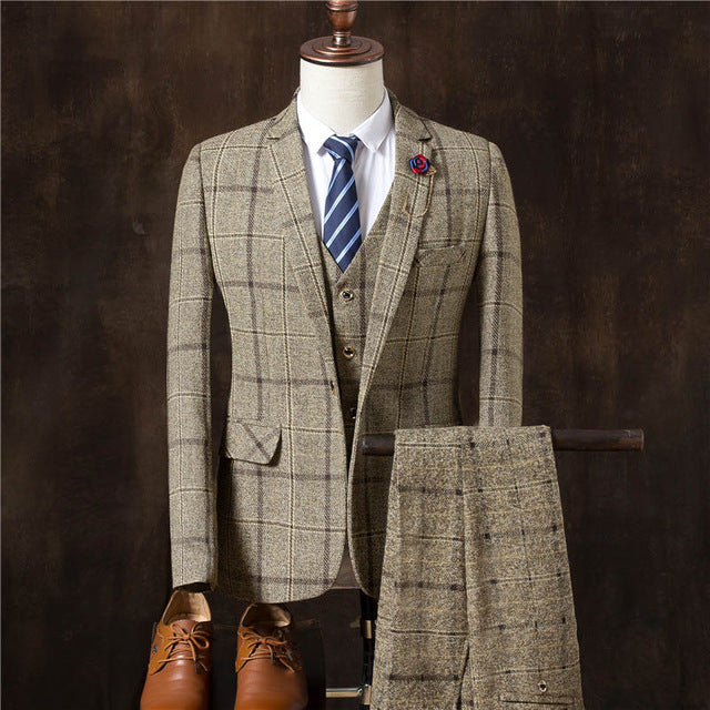 YUSHU Autumn Men Business Formal Suits Male Blazers 3 Pieces Mens Slim Wedding Prom Suits Boutique Plaid Design Groom Tuxedos