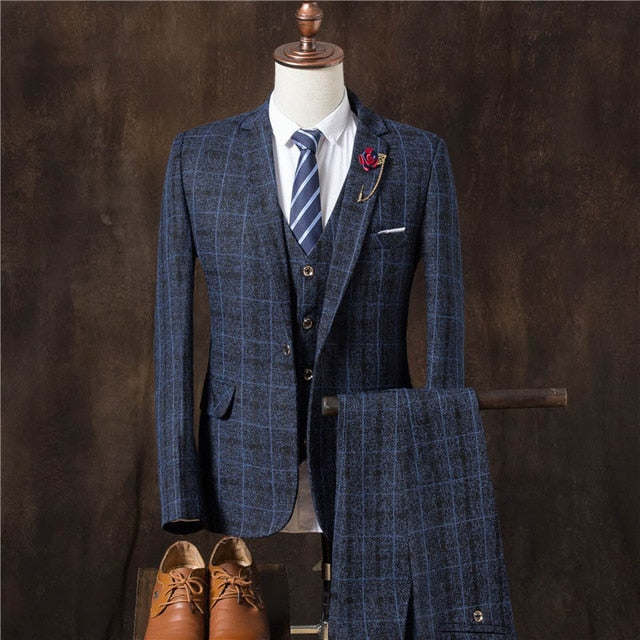 YUSHU Autumn Men Business Formal Suits Male Blazers 3 Pieces Mens Slim Wedding Prom Suits Boutique Plaid Design Groom Tuxedos
