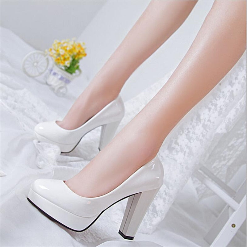 Sexy Ladies Thin Heeled Pumps Platform Patent Leather Concise Super High Heels Shoes Woman Wedding Party Shoes