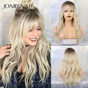JONRENAU 24 inches 9 Colors Long Brown Root Ombre Blonde Wig Synthetic Natural Wave Wigs with Bangs for Black/White Women