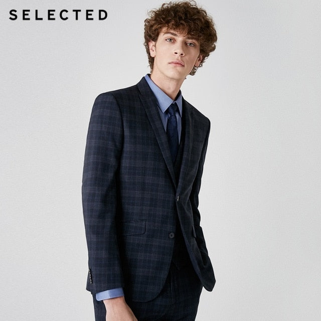 SELECTED Men's Dark Plaid Closure Collar Blazer Slim-fit Business Jacket Clothes T | 41915X503