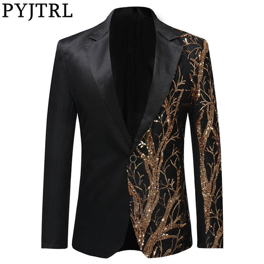 PYJTRL Tide Mens Gold Sequins Slim Fit Black Balzer Hip Hop Stage Singers Prom Dress Suit Jacket Party Jacket Men