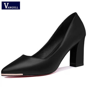 Vangull Leather Pumps 2019 Pu Women's Autumn Slip-On Pointed Toe Square Heel Dress Shoes Office Lady Elegant Shallow Pumps New
