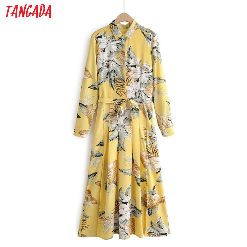 Tangada fashion women flowers print shirt dress turn down collar Long Sleeve zipper bow tie Ladies work dress Vestidos 1F22