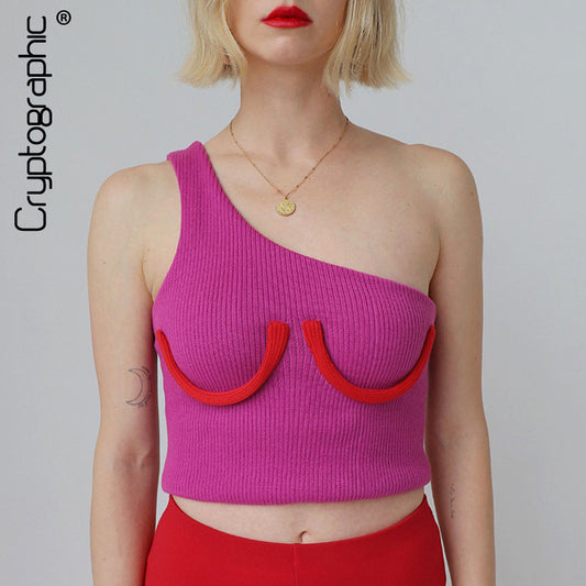 Cryptographic One Shoulder Sexy Sleeveless Crop Tops for Women Summer Pink Bustier Tank Top Mujer Short Vest Slim Streetwear