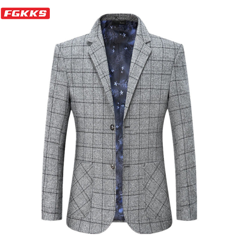 FGKKS Fashion Blazers Mens Autumn Winter Pland Business Male Casual Suit Jackets High Quality Brand Men Formal Blazer Coat