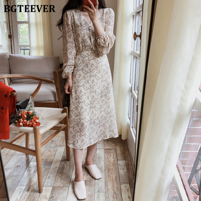 BGTEEVER Vintage V-neck Buttons Lace-up Female Chiffon Dress Full Sleeve Midi Dress Elegant Casual Floral Print Women Dress 2020
