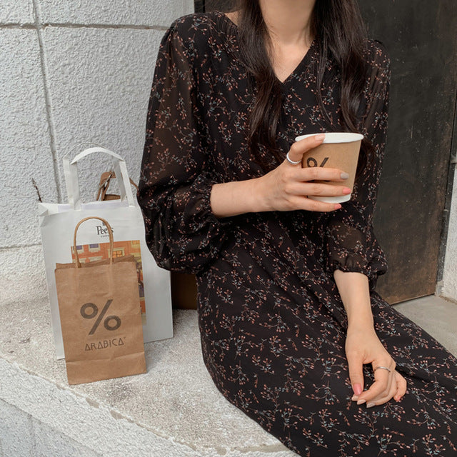 BGTEEVER Vintage V-neck Buttons Lace-up Female Chiffon Dress Full Sleeve Midi Dress Elegant Casual Floral Print Women Dress 2020