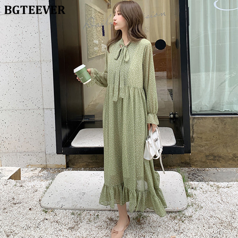 BGTEEVER Loose Bow-neck Floral Women Dress Long-sleeve Ruffles Chiffon Female Dress Flare Sleeve Long Vestidos Femme 2019 Autumn