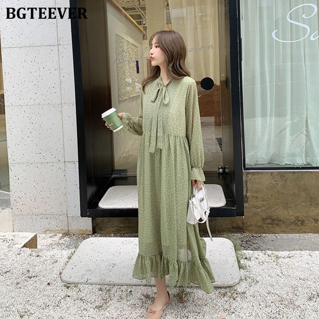 BGTEEVER Loose Bow-neck Floral Women Dress Long-sleeve Ruffles Chiffon Female Dress Flare Sleeve Long Vestidos Femme 2019 Autumn
