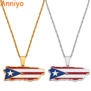 Puerto Rico Map and Colored Flag Pendant Necklaces Gold Color PR #TVOPR  Colgante