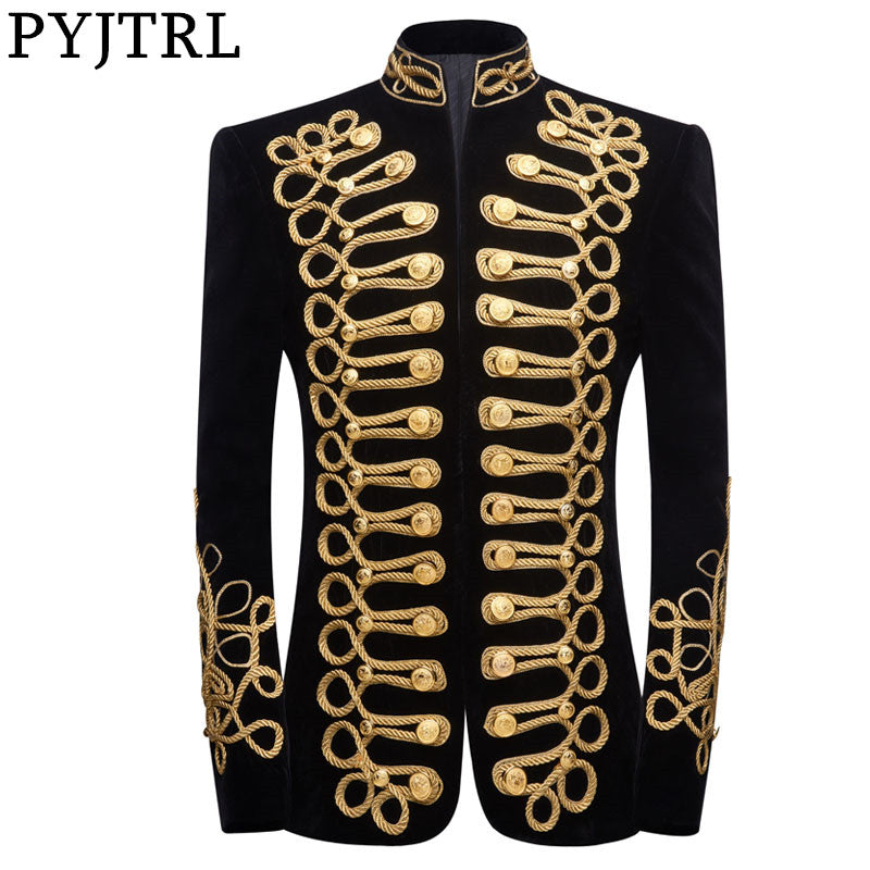 PYJTRL Mens Plus Size Handmake Black Gold Embroidery Velvet Blazer DJ Singers Nightclub Costume Stylish Suit Jacket Stage Wears