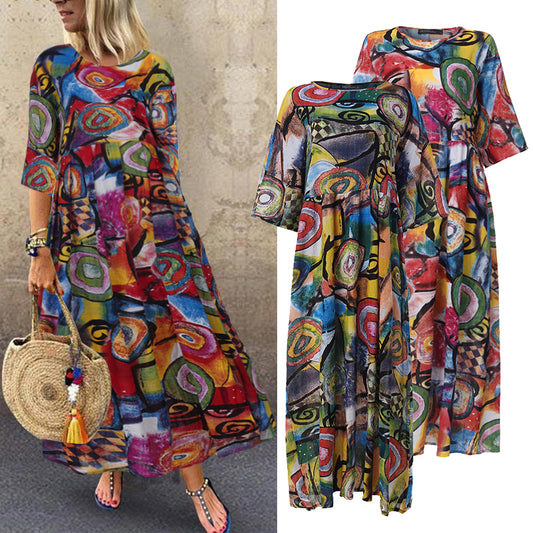 ZANZEA 2020 Fashion Printed Maxi Dress Womens Summer Sundress Vintage 3/4 Sleeve Long Vestidos Female Casual Party Robe Femme