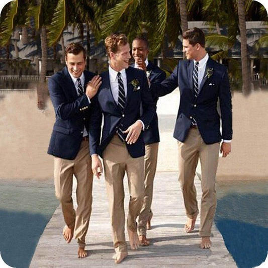 Casual Blazers For Party Birthday Prom Navy Blue Jacket + Khaki Pants Slim Fit Groom Wedding Suits Outfits Lapel Mens Tuxedos