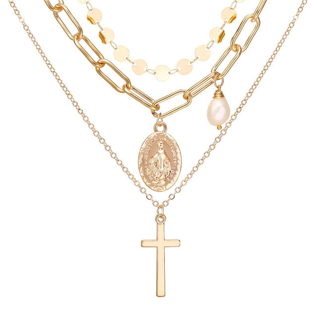 Vintage Gold Portrait Coin Pearl Pendant Necklaces For Women Bohemia Fashion Multi-layer Pearl Long Necklace 2020 Jewelry