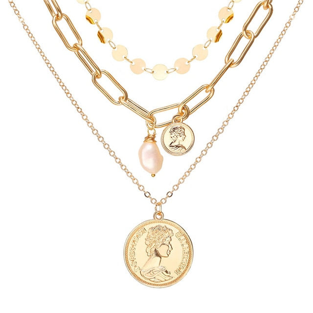 Vintage Gold Portrait Coin Pearl Pendant Necklaces For Women Bohemia Fashion Multi-layer Pearl Long Necklace 2020 Jewelry