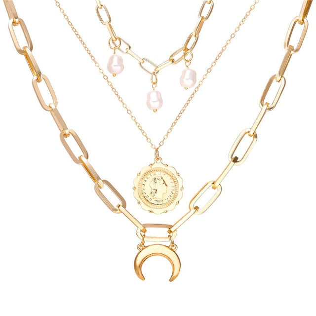 Vintage Gold Portrait Coin Pearl Pendant Necklaces For Women Bohemia Fashion Multi-layer Pearl Long Necklace 2020 Jewelry