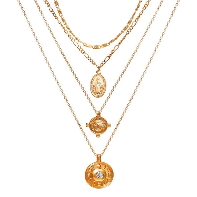 Vintage Gold Portrait Coin Pearl Pendant Necklaces For Women Bohemia Fashion Multi-layer Pearl Long Necklace 2020 Jewelry