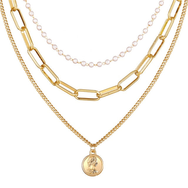 Vintage Gold Portrait Coin Pearl Pendant Necklaces For Women Bohemia Fashion Multi-layer Pearl Long Necklace 2020 Jewelry