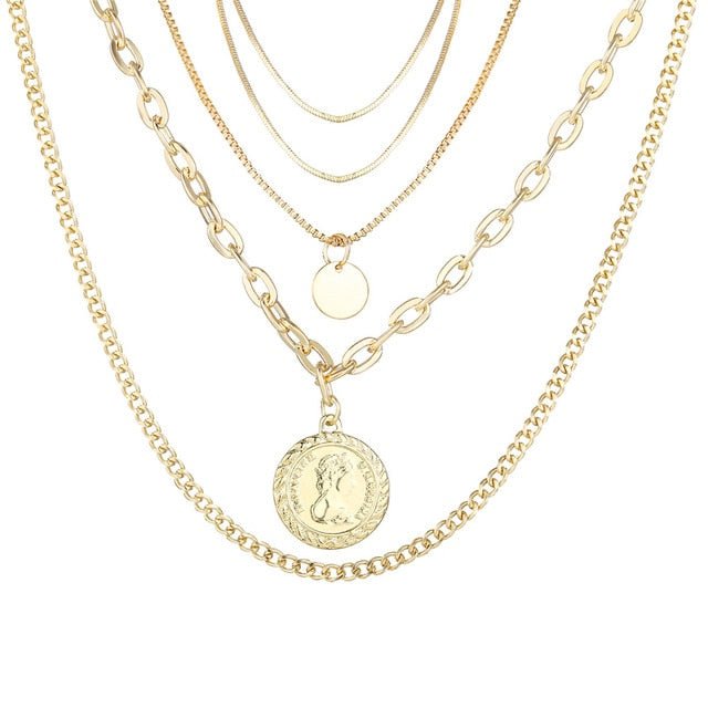 Vintage Gold Portrait Coin Pearl Pendant Necklaces For Women Bohemia Fashion Multi-layer Pearl Long Necklace 2020 Jewelry