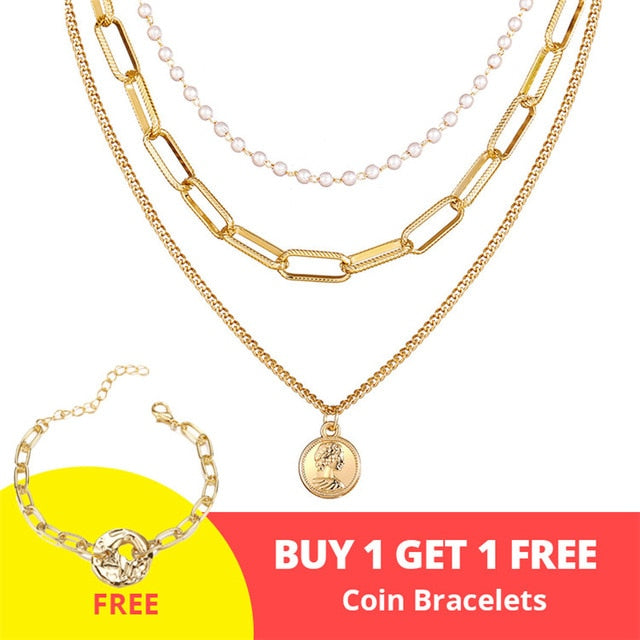 Vintage Gold Portrait Coin Pearl Pendant Necklaces For Women Bohemia Fashion Multi-layer Pearl Long Necklace 2020 Jewelry