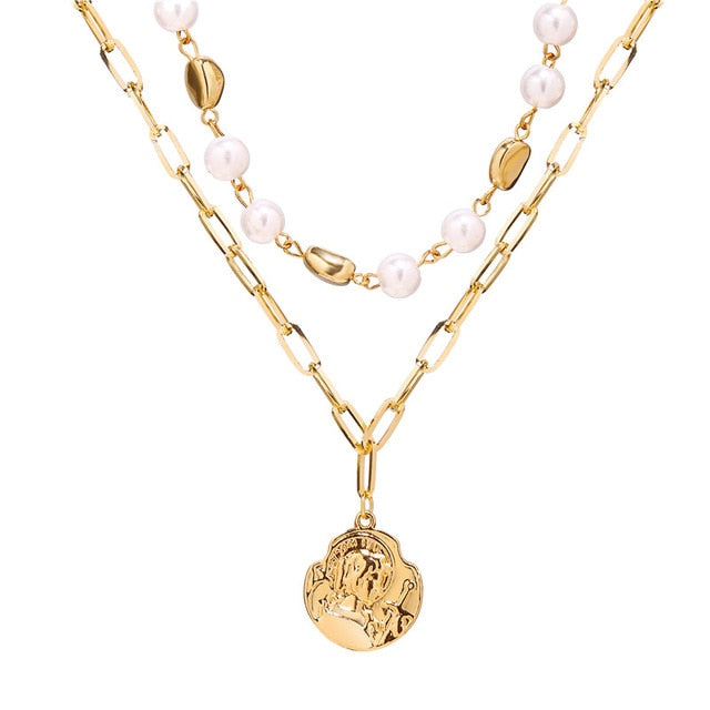 Vintage Gold Portrait Coin Pearl Pendant Necklaces For Women Bohemia Fashion Multi-layer Pearl Long Necklace 2020 Jewelry