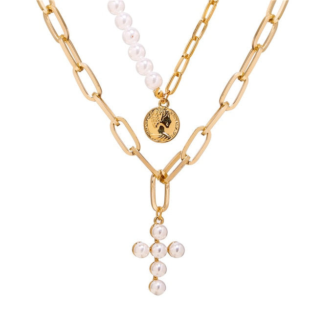 Vintage Gold Portrait Coin Pearl Pendant Necklaces For Women Bohemia Fashion Multi-layer Pearl Long Necklace 2020 Jewelry