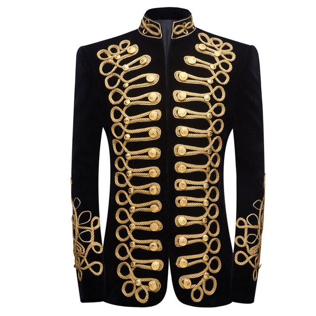 PYJTRL Mens Plus Size Handmake Black Gold Embroidery Velvet Blazer DJ Singers Nightclub Costume Stylish Suit Jacket Stage Wears